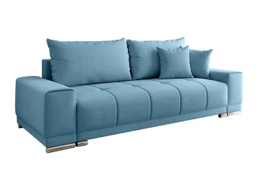 Šiuolaikiška modernaus dizaino sofa-lova su pagalvėlėmis, aptraukta švelniu gobelenu mėlynos spalvos