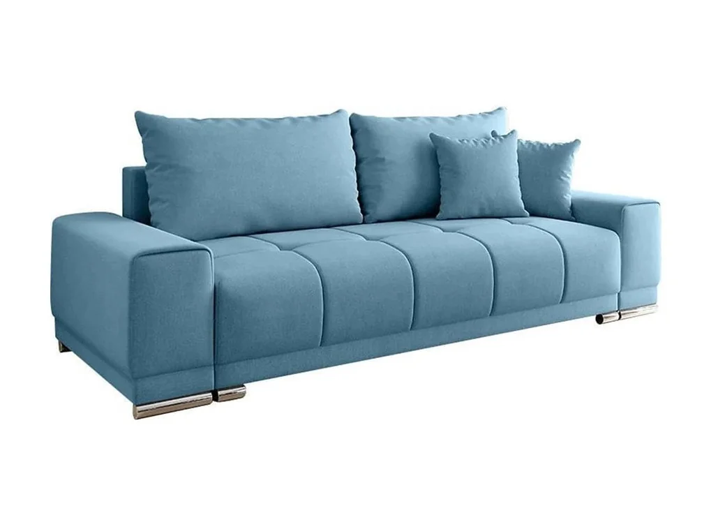 Šiuolaikiška modernaus dizaino sofa-lova su pagalvėlėmis, aptraukta švelniu gobelenu mėlynos spalvos