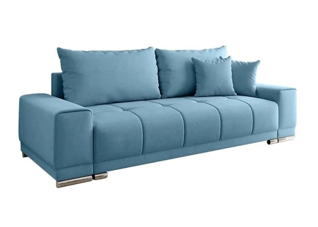 Šiuolaikiška modernaus dizaino sofa-lova su pagalvėlėmis, aptraukta švelniu gobelenu mėlynos spalvos