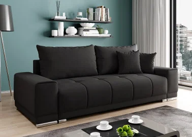 Šiuolaikiška modernaus dizaino sofa-lova su pagalvėlėmis, aptraukta švelniu gobelenu juodos spalvos