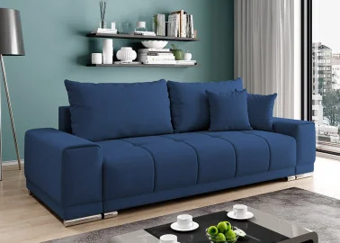 Šiuolaikiška modernaus dizaino sofa-lova su pagalvėlėmis, aptraukta švelniu gobelenu mėlynos spalvos