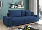 Šiuolaikiška modernaus dizaino sofa-lova su pagalvėlėmis, aptraukta švelniu gobelenu mėlynos spalvos