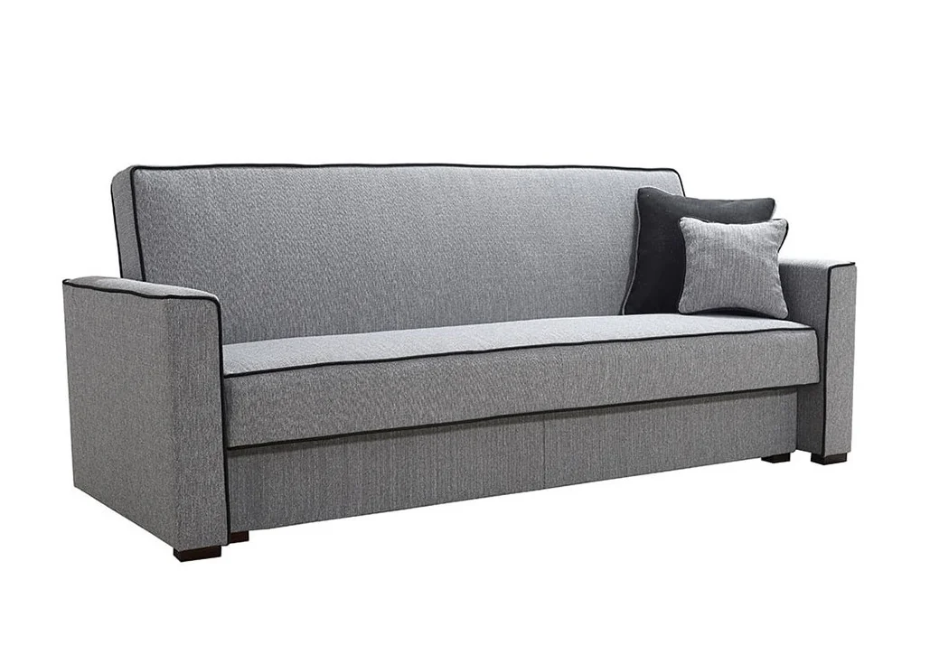 Klasikinio stiliaus sofa-lova su pagalvėlėmis ir dekoratyviomis siūlėmis pilkos ir juodos spalvos