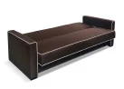 Klasikinio stiliaus sofa-lova su pagalvėlėmis ir dekoratyviomis siūlėmis rudos ir kreminės spalvos miegamoji dalis
