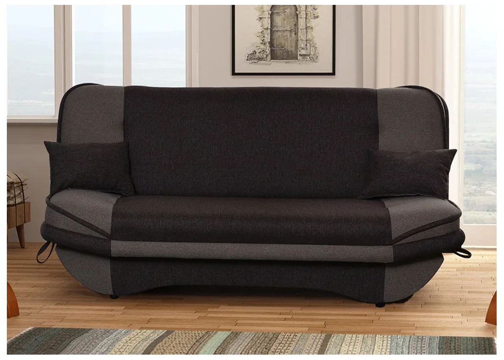 Stilinga ir praktiška sofa-lova su pagalvėlėmis juodos ir pilkos spalvos