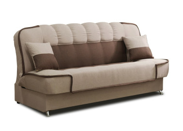 Rudos spalvos maža jauki sofa-lova su patalynės dėže ir miegama funkcija - su metalinėmis kojelėmis