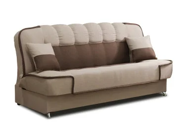 Rudos spalvos maža jauki sofa-lova su patalynės dėže ir miegama funkcija - su metalinėmis kojelėmis