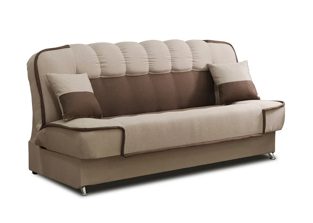 Rudos spalvos maža jauki sofa-lova su patalynės dėže ir miegama funkcija - su metalinėmis kojelėmis