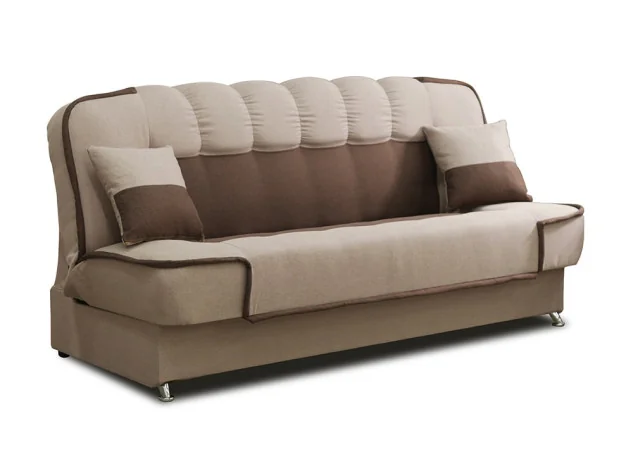Rudos spalvos maža jauki sofa-lova su patalynės dėže ir miegama funkcija - su metalinėmis kojelėmis