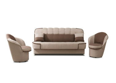 Rudos spalvos maža jauki sofa-lova su patalynės dėže ir miegama funkcija - su metalinėmis kojelėmis