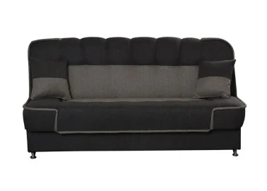 Juodos spalvos maža jauki sofa-lova su patalynės dėže ir miegama funkcija - su metalinėmis kojelėmis