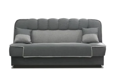 Pilkos spalvos maža jauki sofa-lova su patalynės dėže ir miegama funkcija