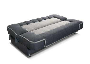 Pilkos spalvos maža jauki sofa-lova su patalynės dėže ir miegama funkcija