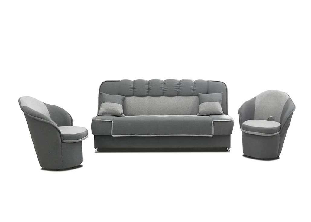 Modernus minkštų baldų komplektas su sofa-lova ir dviem foteliais