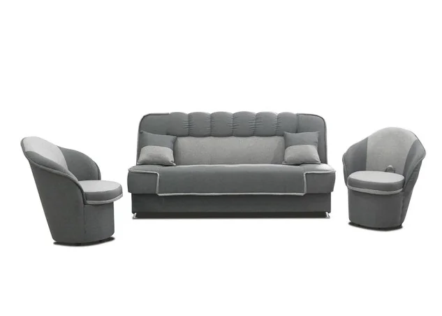 Modernus minkštų baldų komplektas su sofa-lova ir dviem foteliais