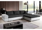 Pilkos ir baltos spalvos didelis minkštas kampas su chromuotomis kojelėmis ir plačiais porankiais