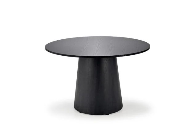 Modernus apvalus stalas su tamsiu, elegantišku paviršiumi ir platėjančiu pagrindu.