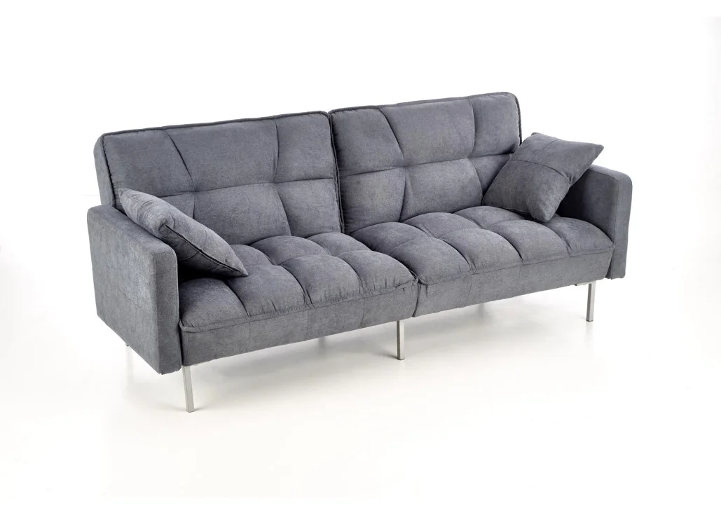 Elegantiško dizaino pilkos spalvos sofa su aukštomis siauromis kojelėmis. Sofa turi relaksacinę funkciją - nugaros atlošas atsilenkia atgal, taip sukuriant erdvę poilsiui, o pilnai nulenkus žemyn - plačią miegamą erdvę.