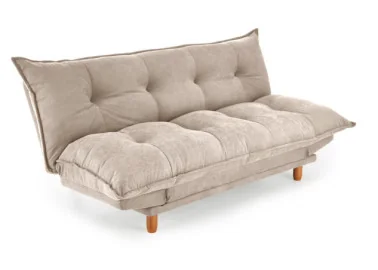 Smėlio spalvos minkšta lyg debesėlis sofa-lova Pillow su minkštu gobeleno paviršiumi, turinti pakeliamu šonu funkciją ir medines kojeles. Universalus baldas, kuris puikiai tinka naudoti tiek sėdėjimui, tiek miegui, pasižymi šiuolaikišku dizainu ir patogumu.