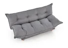 Pilkos spalvos sofa-lova Pillow su minkštu gobeleno paviršiumi, turinti pakeliamu šonu funkciją ir medines kojeles. Universalus baldas, kuris puikiai tinka naudoti tiek sėdėjimui, tiek miegui, pasižymi šiuolaikišku dizainu ir patogumu.