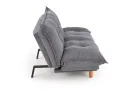 Pilkos spalvos sofa-lova su minkštu čiužiniu, turinti pakeliamus šonus ir medines kojeles. Universalus baldas, kuris puikiai tinka naudoti tiek sėdėjimui, tiek miegui, pasižymi šiuolaikišku dizainu ir patogumu