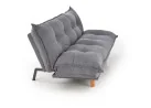 Pilkos spalvos sofa-lova su minkštu čiužiniu, turinti pakeliamus šonus ir medines kojeles. Universalus baldas, kuris puikiai tinka naudoti tiek sėdėjimui, tiek miegui, pasižymi šiuolaikišku dizainu ir patogumu