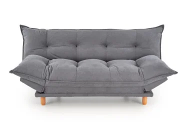 Pilkos spalvos sofa-lova su minkštu čiužiniu, turinti pakeliamus šonus ir medines kojeles. Universalus baldas, kuris puikiai tinka naudoti tiek sėdėjimui, tiek miegui, pasižymi šiuolaikišku dizainu ir patogumu