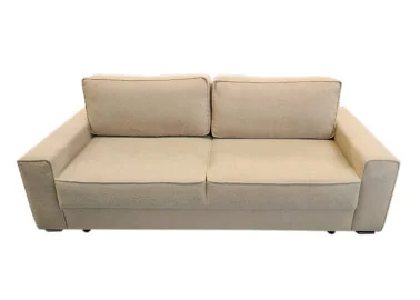 Minimalistinio dizaino sofa-lova su plačia miegamąja dalimi ir dėže patalynei.