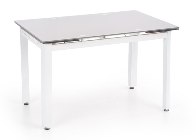 Ištraukiamas valgomojo stalas Alston su stačiakampiu stalviršiu, pagamintu iš smėlio spalvos grūdinto stiklo. Baldo kojos pagamintos iš milteliniu būdu dažyto plieno.