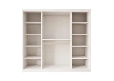 5 dalių miegamojo baldų komplektas baltos spalvos su veidrodiniu dekoru.