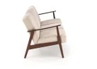 Trijų vietų sofa su tvirtu mediniu rėmu ir kreminės spalvos pagalvėlėmis.Tai minimalistinio ir klasikinio stiliaus baldas, idealiai tinkantis elegantiškam ir jaukiam interjerui, siūlantis patogumą bei stabilumą.