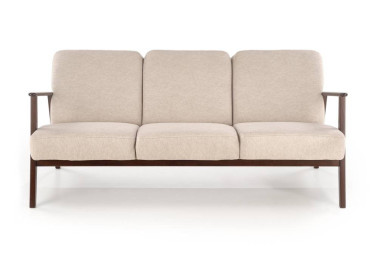 Trijų vietų sofa su tvirtu mediniu rėmu ir kreminės spalvos pagalvėlėmis.

Tai minimalistinio ir klasikinio stiliaus baldas, idealiai tinkantis elegantiškam ir jaukiam interjerui, siūlantis patogumą bei stabilumą.