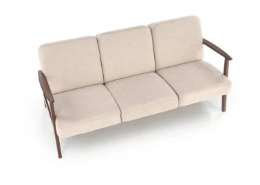 Trijų vietų sofa su tvirtu mediniu rėmu ir kreminės spalvos pagalvėlėmis.Tai minimalistinio ir klasikinio stiliaus baldas, idealiai tinkantis elegantiškam ir jaukiam interjerui, siūlantis patogumą bei stabilumą.