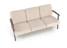 Trijų vietų sofa su tvirtu mediniu rėmu ir kreminės spalvos pagalvėlėmis.Tai minimalistinio ir klasikinio stiliaus baldas, idealiai tinkantis elegantiškam ir jaukiam interjerui, siūlantis patogumą bei stabilumą.