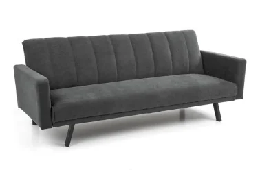 Tamsiai pilka, moderni sofa-lova Armando su vertikaliais siūlais ant atlošo, tvirtomis juodomis kojomis ir galimybe transformuotis į lovą.