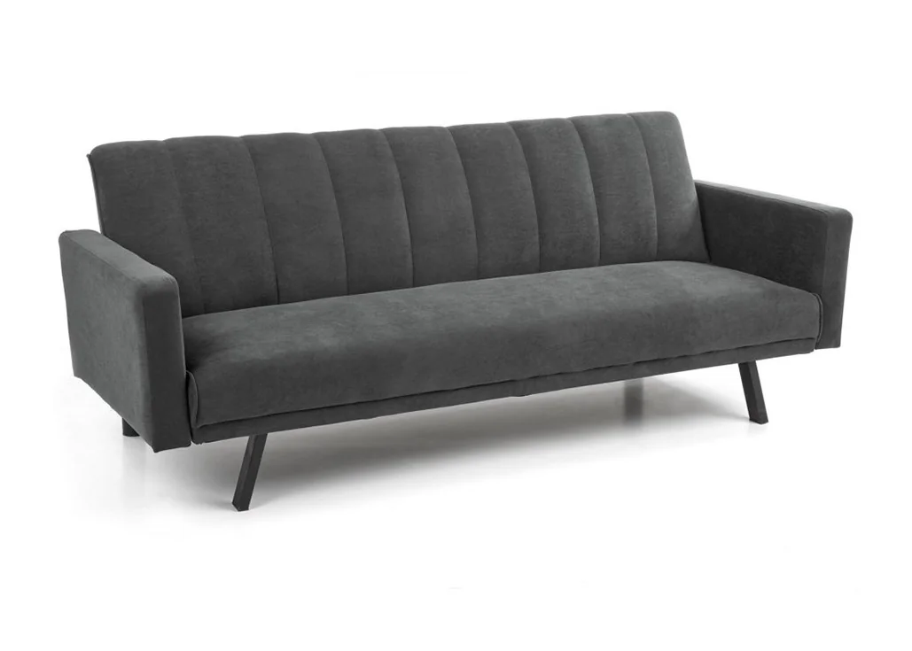 Tamsiai pilka, moderni sofa-lova Armando su vertikaliais siūlais ant atlošo, tvirtomis juodomis kojomis ir galimybe transformuotis į lovą.