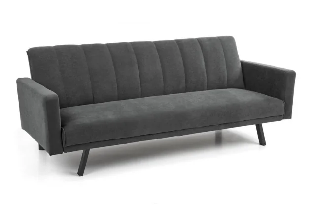 Tamsiai pilka, moderni sofa-lova Armando su vertikaliais siūlais ant atlošo, tvirtomis juodomis kojomis ir galimybe transformuotis į lovą.