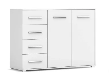 minimalistinio dizaino komoda baltos spalvos su sidabro spalvos rankenėlėmis.