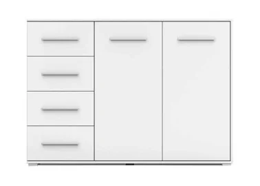 minimalistinio dizaino komoda baltos spalvos su sidabro spalvos rankenėlėmis.