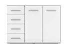 minimalistinio dizaino komoda baltos spalvos su sidabro spalvos rankenėlėmis.