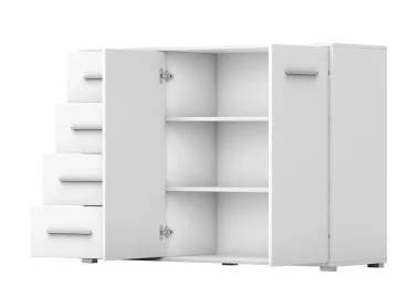 minimalistinio dizaino komoda baltos spalvos su sidabro spalvos rankenėlėmis.