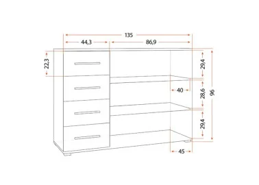 minimalistinio dizaino komoda baltos spalvos su sidabro spalvos rankenėlėmis.