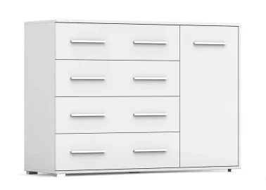 minimalistinio dizaino komoda baltos spalvos su sidabro spalvos rankenėlėmis.