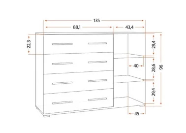 minimalistinio dizaino komoda baltos spalvos su sidabro spalvos rankenėlėmis.