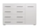 minimalistinio dizaino komoda baltos spalvos su sidabro spalvos rankenėlėmis.