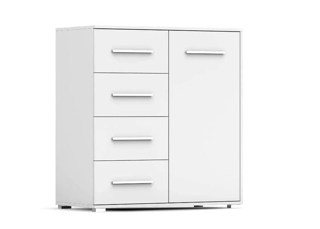 minimalistinio dizaino komoda baltos spalvos su sidabro spalvos rankenėlėmis.