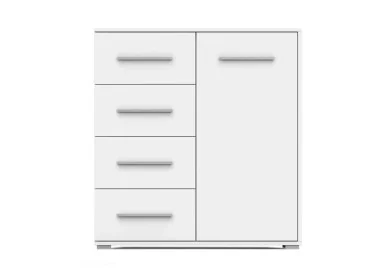 minimalistinio dizaino komoda baltos spalvos su sidabro spalvos rankenėlėmis.