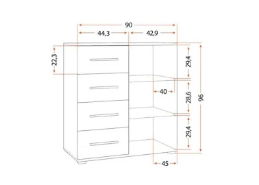 minimalistinio dizaino komoda baltos spalvos su sidabro spalvos rankenėlėmis.