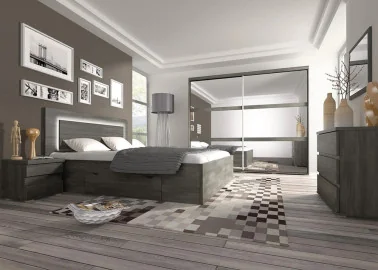 modernaus dizaino lova su stalčium patalynei ir led apšvietimu galvūgalyje