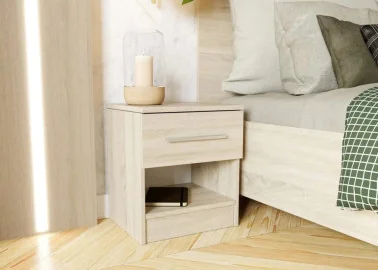 Minimalistinio dizaino naktinė spintelė baltos arba rudos sonoma ąžuolo spalvos.